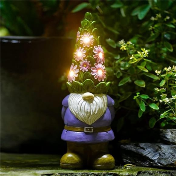 Solar Garden Outdoor Statues Gnome with Succulent and 7 LED Lights - Lawn Decor - Picture 1 of 8